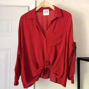 618 six one eight red rayon button up long sleeve shirt‎ blouse top